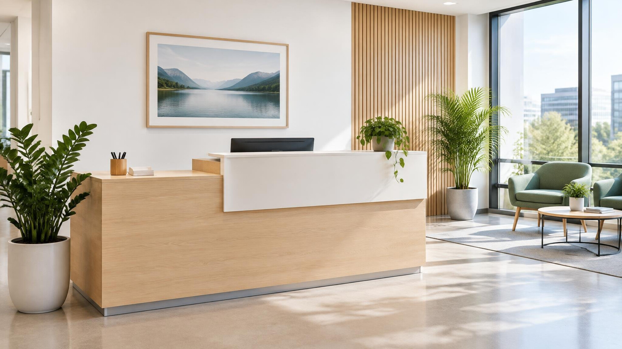 Bright reception area with a light desk and plants
