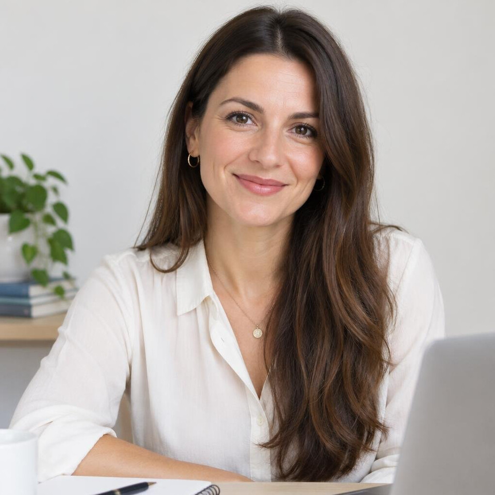 Portrait of a smiling woman editor in a light blouse