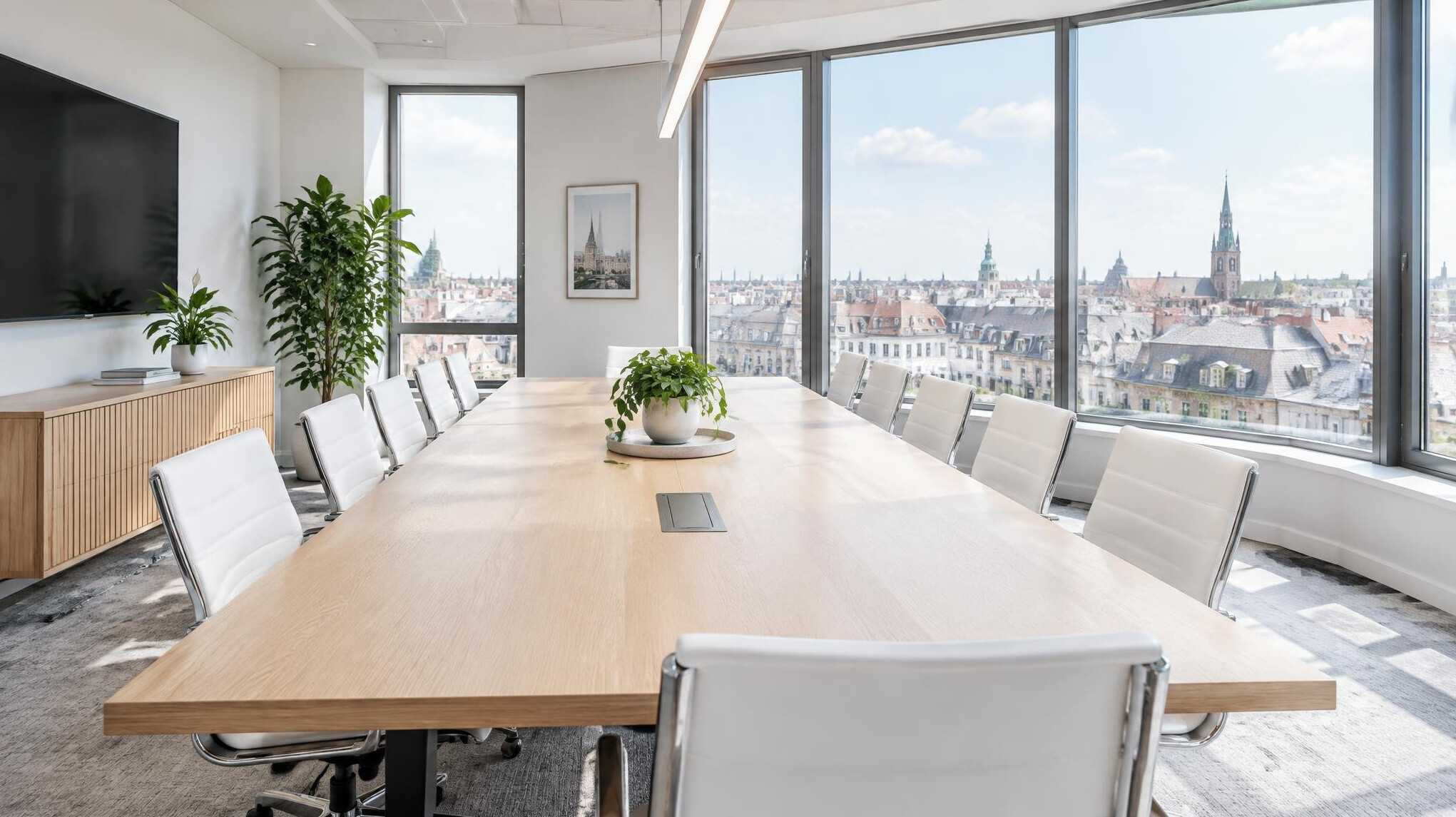 Bright conference room with a long table and large windows